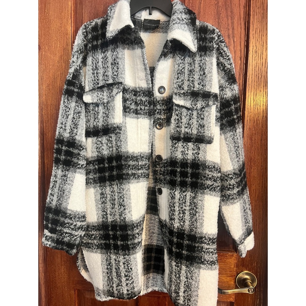 Buckle Black Plaid Shacket Wool Blend Button Front Shirt Jacket Black White S